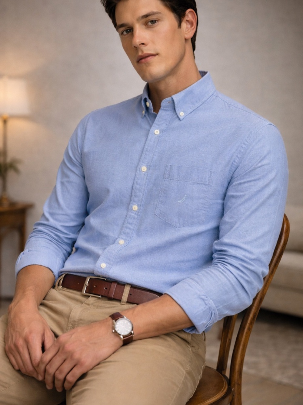 Nautica XL Classic Fit Stretch Button Down Blue Cotton Shirt